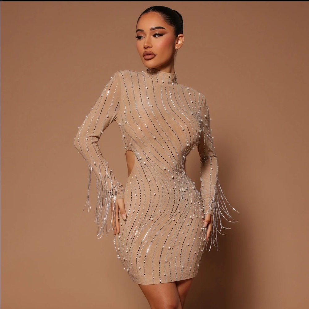 Nude Embellished Cut Out Dress